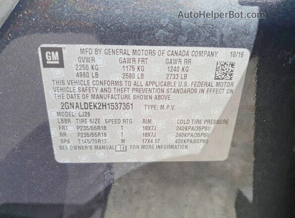 2GNALDEK2H1537361 2017 CHEVROLET EQUINOX Charcoal Widok naklejki z numerem VIN