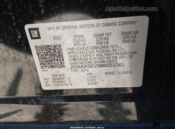2GNAXSEV5M6151081 2021 CHEVROLET EQUINOX Черный Вид подкапотного пространства