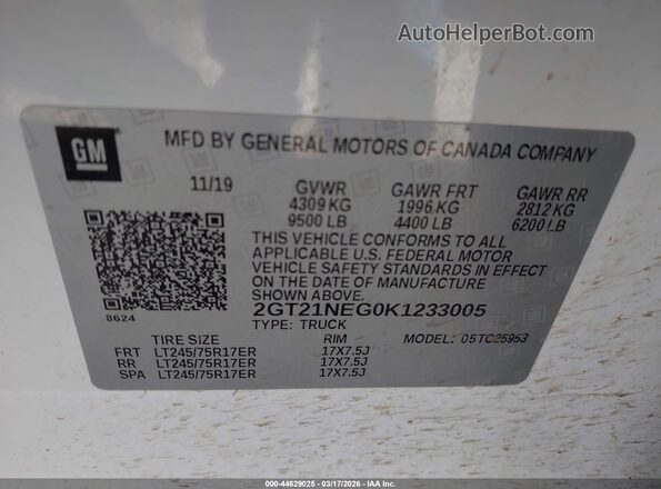 2GT21NEG0K1233005 2019 GMC SIERRA Белый Вид подкапотного пространства
