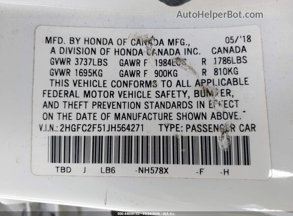 2HGFC2F51JH564271 2018 HONDA CIVIC Белый Вид подкапотного пространства