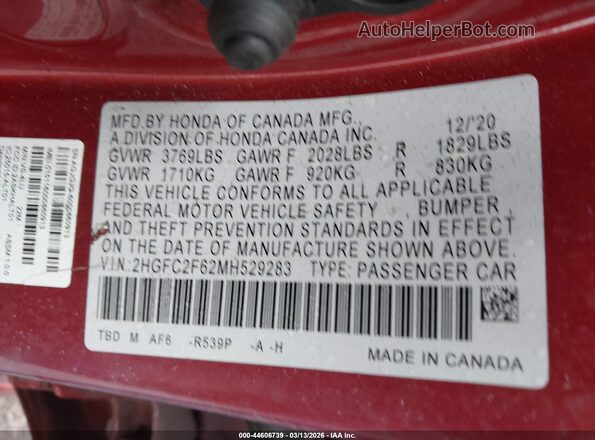 2HGFC2F62MH529283 2021 HONDA CIVIC Красный Вид подкапотного пространства