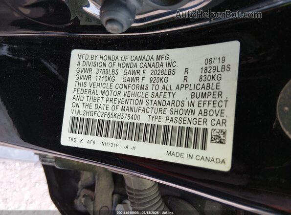 2HGFC2F65KH575400 2019 HONDA CIVIC Black Вид підкапотного простору