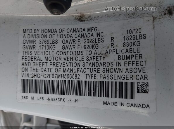 2HGFC2F67MH506582 2021 HONDA CIVIC Белый Вид подкапотного пространства