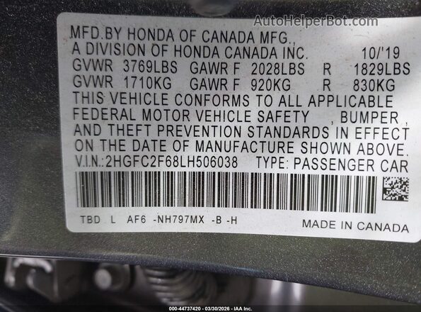 2HGFC2F68LH506038 2020 HONDA CIVIC Gray Widok komory silnika