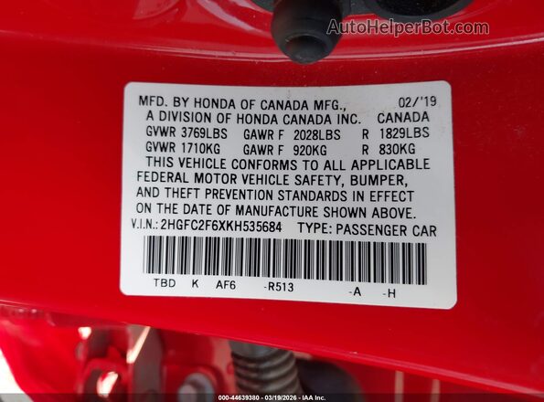 2HGFC2F6XKH535684 2019 HONDA CIVIC Red Widok komory silnika