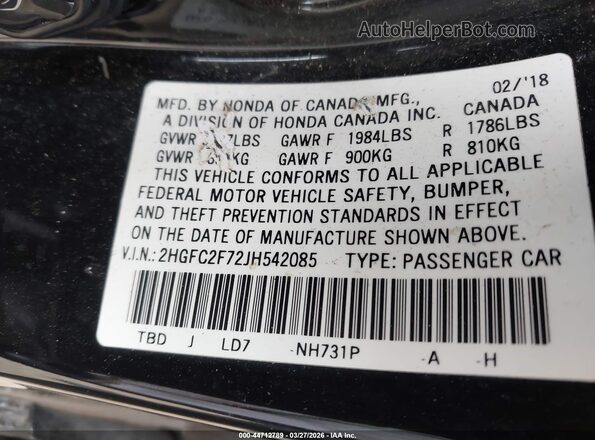 2HGFC2F72JH542085 2018 HONDA CIVIC Черный Вид подкапотного пространства