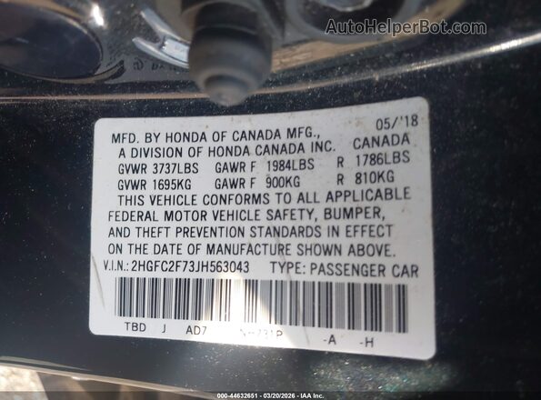 2HGFC2F73JH563043 2018 HONDA CIVIC Черный Вид подкапотного пространства
