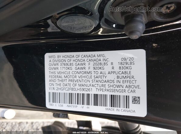 2HGFC2F80LH590261 2020 HONDA CIVIC Черный Вид подкапотного пространства