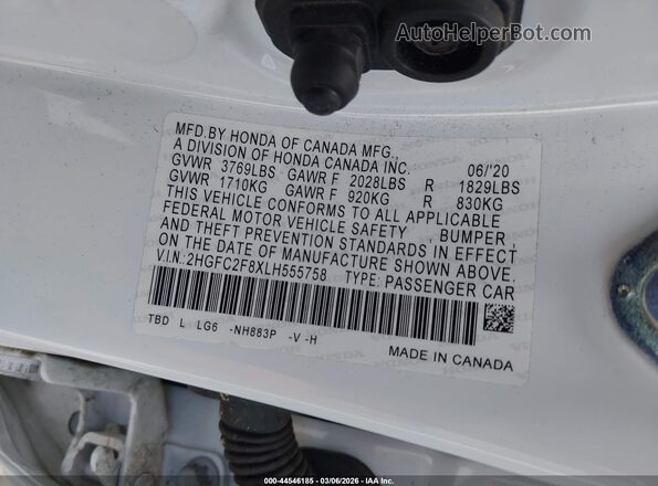 2HGFC2F8XLH555758 2020 HONDA CIVIC Белый Вид подкапотного пространства
