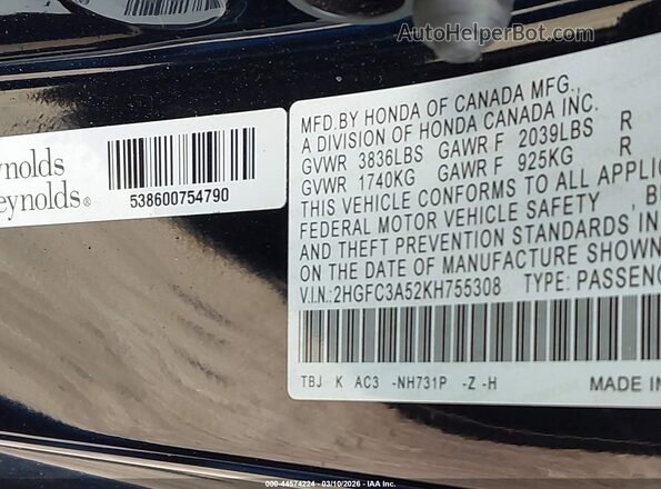 2HGFC3A52KH755308 2019 HONDA CIVIC SI Черный Вид подкапотного пространства