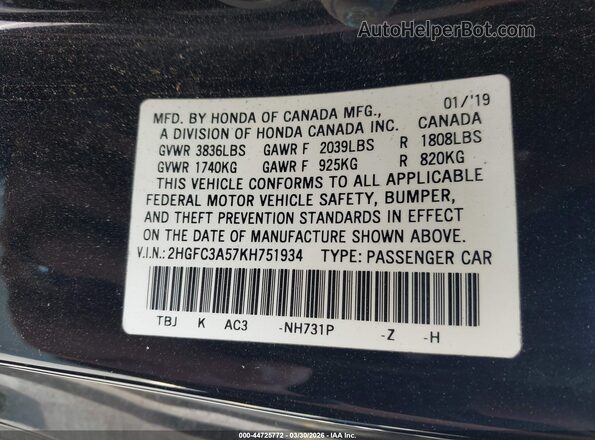 2HGFC3A57KH751934 2019 HONDA CIVIC SI Черный Вид подкапотного пространства