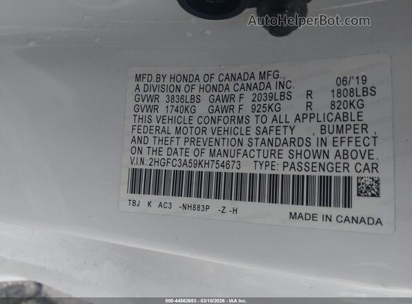 2HGFC3A59KH754673 2019 HONDA CIVIC SI Белый Вид подкапотного пространства