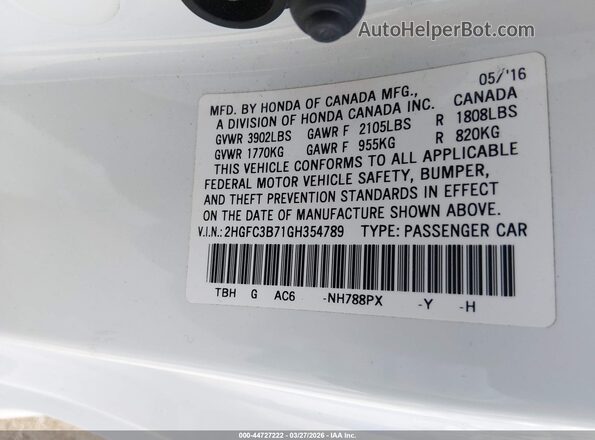 2HGFC3B71GH354789 2016 HONDA CIVIC Белый Вид подкапотного пространства