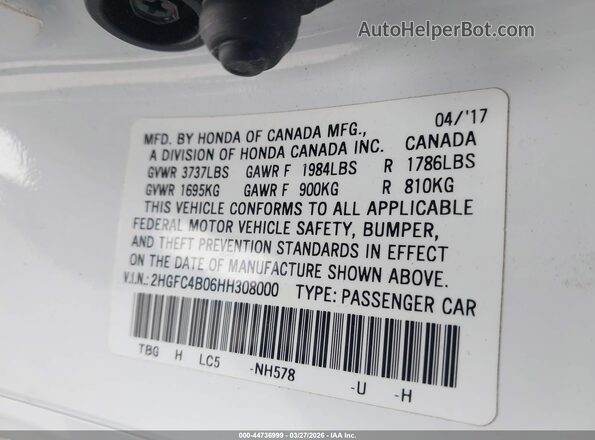 2HGFC4B06HH308000 2017 HONDA CIVIC White Widok komory silnika