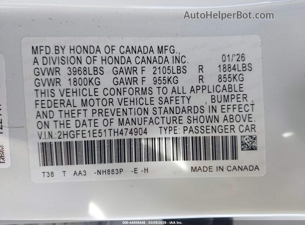 2HGFE1E51TH474904 2026 HONDA CIVIC SI White Widok komory silnika