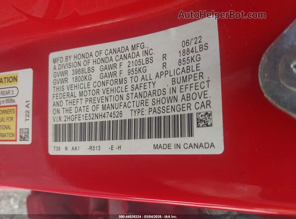 2HGFE1E52NH474526 2022 HONDA CIVIC SI Красный Вид подкапотного пространства