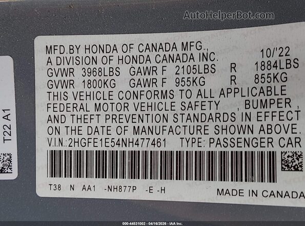 2HGFE1E54NH477461 2022 HONDA CIVIC SI Blue Widok komory silnika