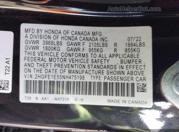 2HGFE1E55NH475198 2022 HONDA CIVIC SI Black Widok komory silnika