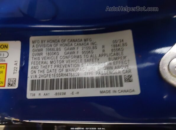 2HGFE1E55RH476809 2024 HONDA CIVIC SI Dark Blue Widok komory silnika