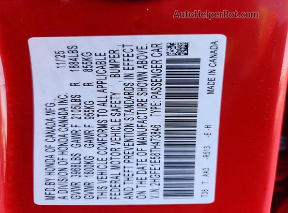 2HGFE1E58TH473846 2026 HONDA CIVIC Red Widok naklejki z numerem VIN