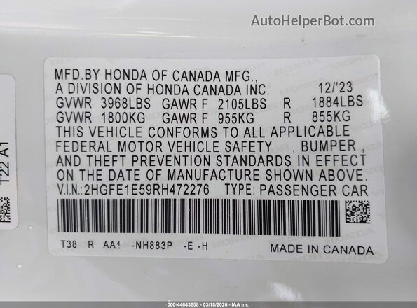 2HGFE1E59RH472276 2024 HONDA CIVIC SI White Widok komory silnika