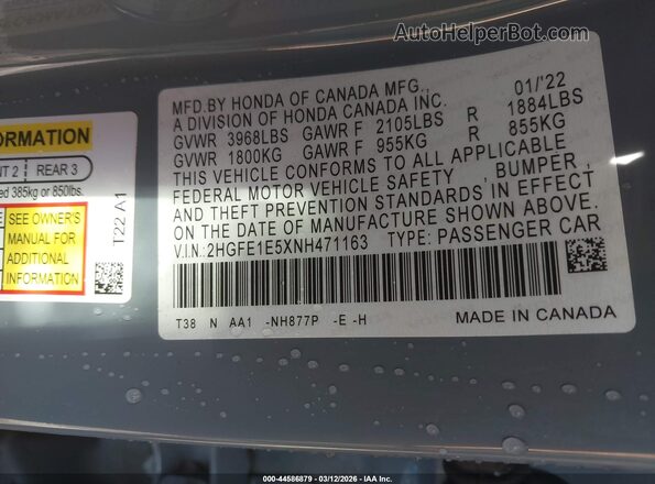 2HGFE1E5XNH471163 2022 HONDA CIVIC SI Серый Вид подкапотного пространства