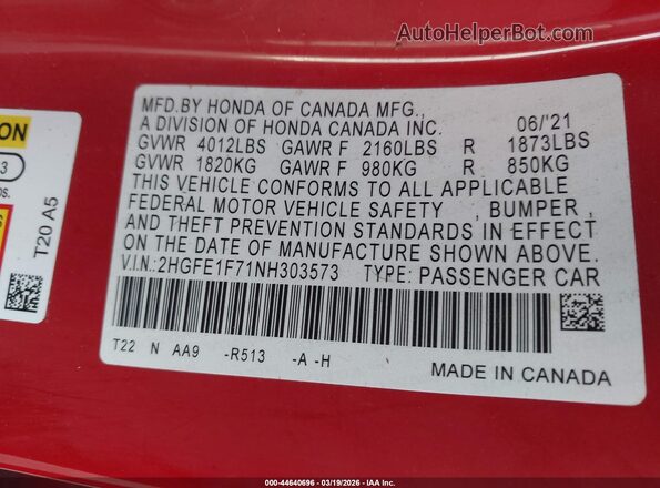 2HGFE1F71NH303573 2022 HONDA CIVIC Red Widok komory silnika
