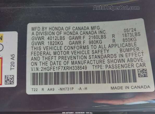 2HGFE1F7XRH338649 2024 HONDA CIVIC Черный Вид подкапотного пространства