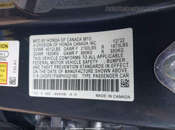 2HGFE1F99PH302160 2023 HONDA CIVIC Серый Вид подкапотного пространства