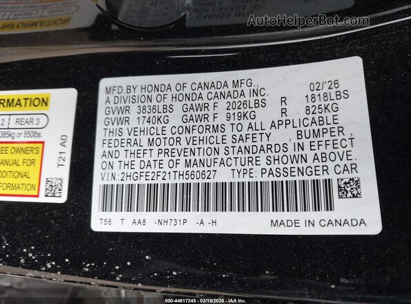 2HGFE2F21TH560627 2026 HONDA CIVIC Черный Вид подкапотного пространства