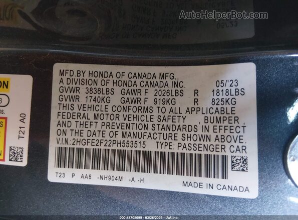 2HGFE2F22PH553515 2023 HONDA CIVIC Черный Вид подкапотного пространства