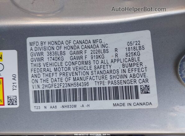 2HGFE2F23NH584396 2022 HONDA CIVIC Silver ძრავის განყოფილების ხედი