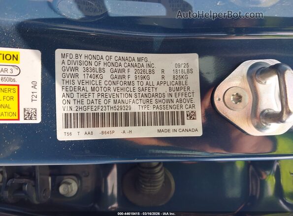 2HGFE2F23TH529329 2026 HONDA CIVIC Blue ძრავის განყოფილების ხედი
