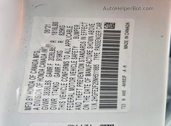 2HGFE2F25NH511885 2022 HONDA CIVIC White Вид підкапотного простору