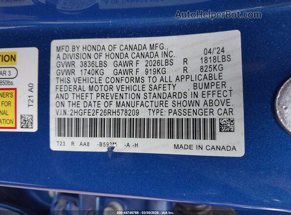 2HGFE2F26RH578209 2024 HONDA CIVIC Blue Вид підкапотного простору