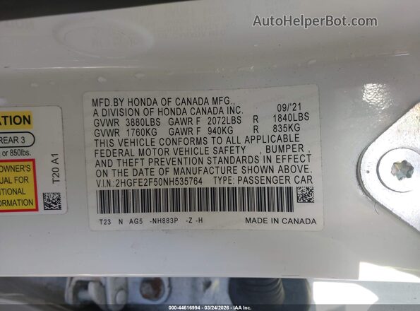 2HGFE2F50NH535764 2022 HONDA CIVIC White Vista del compartimento del motor
