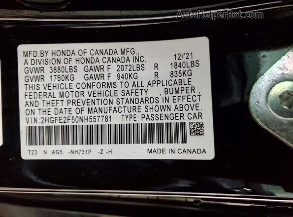 2HGFE2F50NH557781 2022 HONDA CIVIC Black Вид наклейки з VIN-кодом