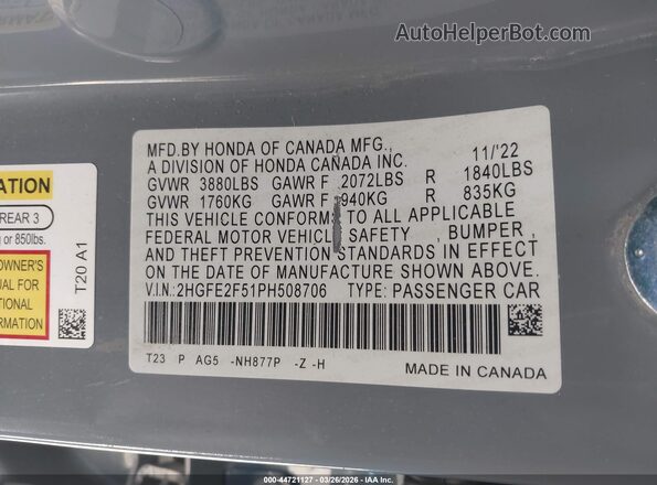 2HGFE2F51PH508706 2023 HONDA CIVIC Gray Вид підкапотного простору