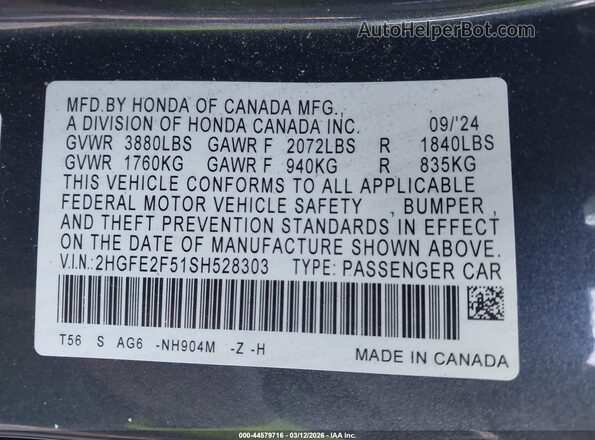 2HGFE2F51SH528303 2025 HONDA CIVIC Black ძრავის განყოფილების ხედი