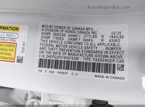 2HGFE2F51SH575346 2025 HONDA CIVIC Белый Вид подкапотного пространства