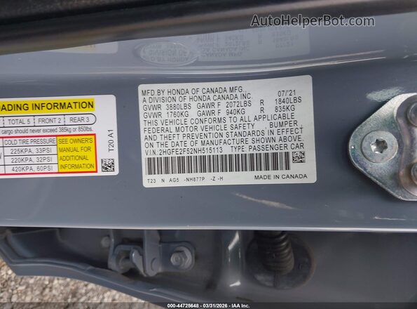 2HGFE2F52NH515113 2022 HONDA CIVIC Синий Вид подкапотного пространства