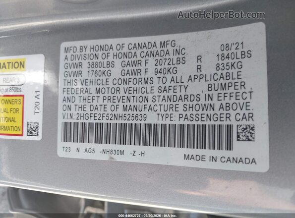 2HGFE2F52NH525639 2022 HONDA CIVIC Серебряный Вид подкапотного пространства