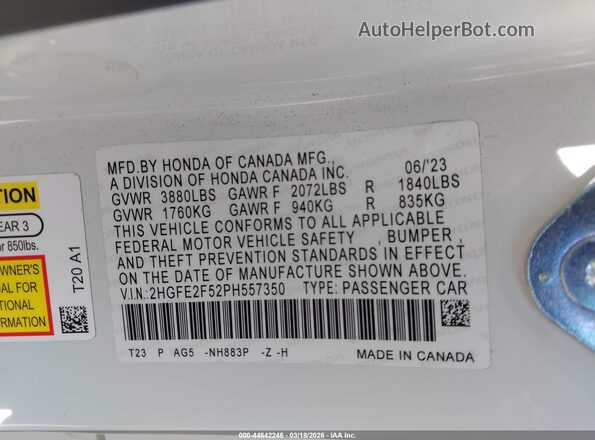2HGFE2F52PH557350 2023 HONDA CIVIC Белый Вид подкапотного пространства