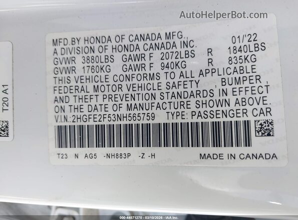 2HGFE2F53NH565759 2022 HONDA CIVIC White Engine compartment view