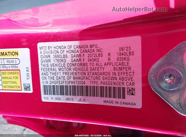 2HGFE2F53PH572004 2023 HONDA CIVIC Red ძრავის განყოფილების ხედი