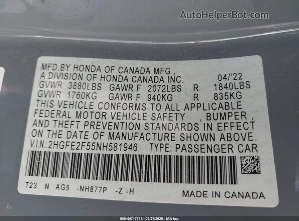 2HGFE2F55NH581946 2022 HONDA CIVIC Gray Vista del compartimento del motor