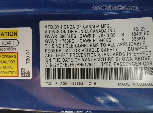 2HGFE2F55PH512984 2023 HONDA CIVIC Blue Widok komory silnika