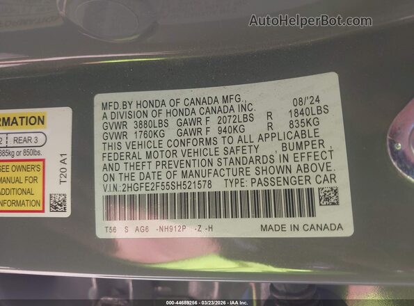 2HGFE2F55SH521578 2025 HONDA CIVIC Gray Engine compartment view