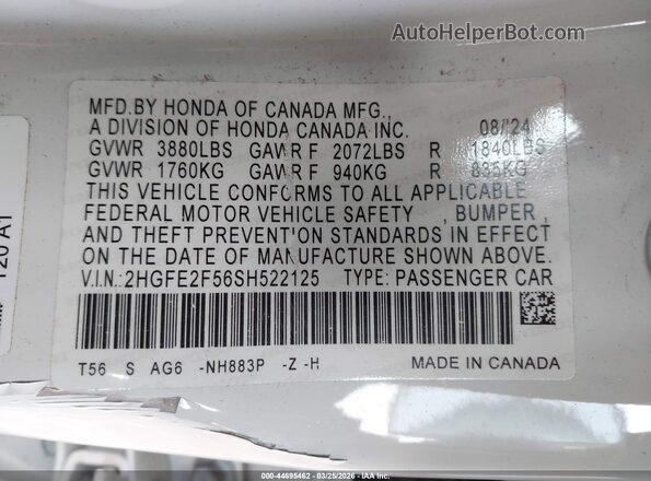 2HGFE2F56SH522125 2025 HONDA CIVIC White ძრავის განყოფილების ხედი