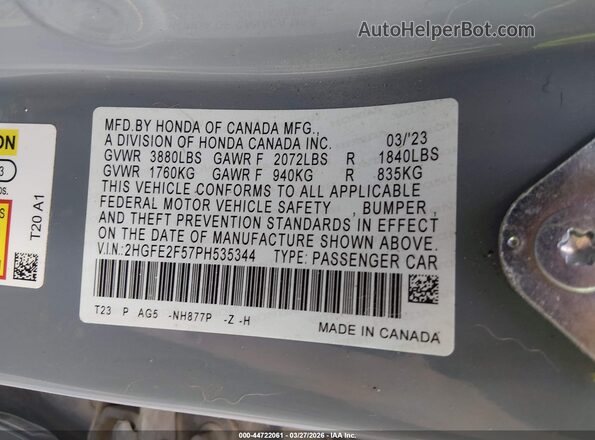 2HGFE2F57PH535344 2023 HONDA CIVIC Teal Widok komory silnika